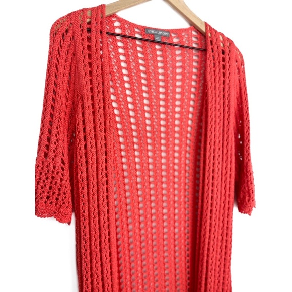 Jessica London Crochet Cardigan M Pink Boho Coastal Cotton Euro Summer Duster - Picture 3 of 8